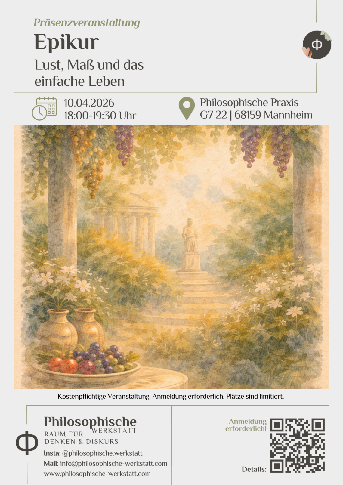 Impuls-Diskussion zu Epikurs aufgeklärtem Hedonismus im Rahmen der Philosophischen Werkstatt Mannheim